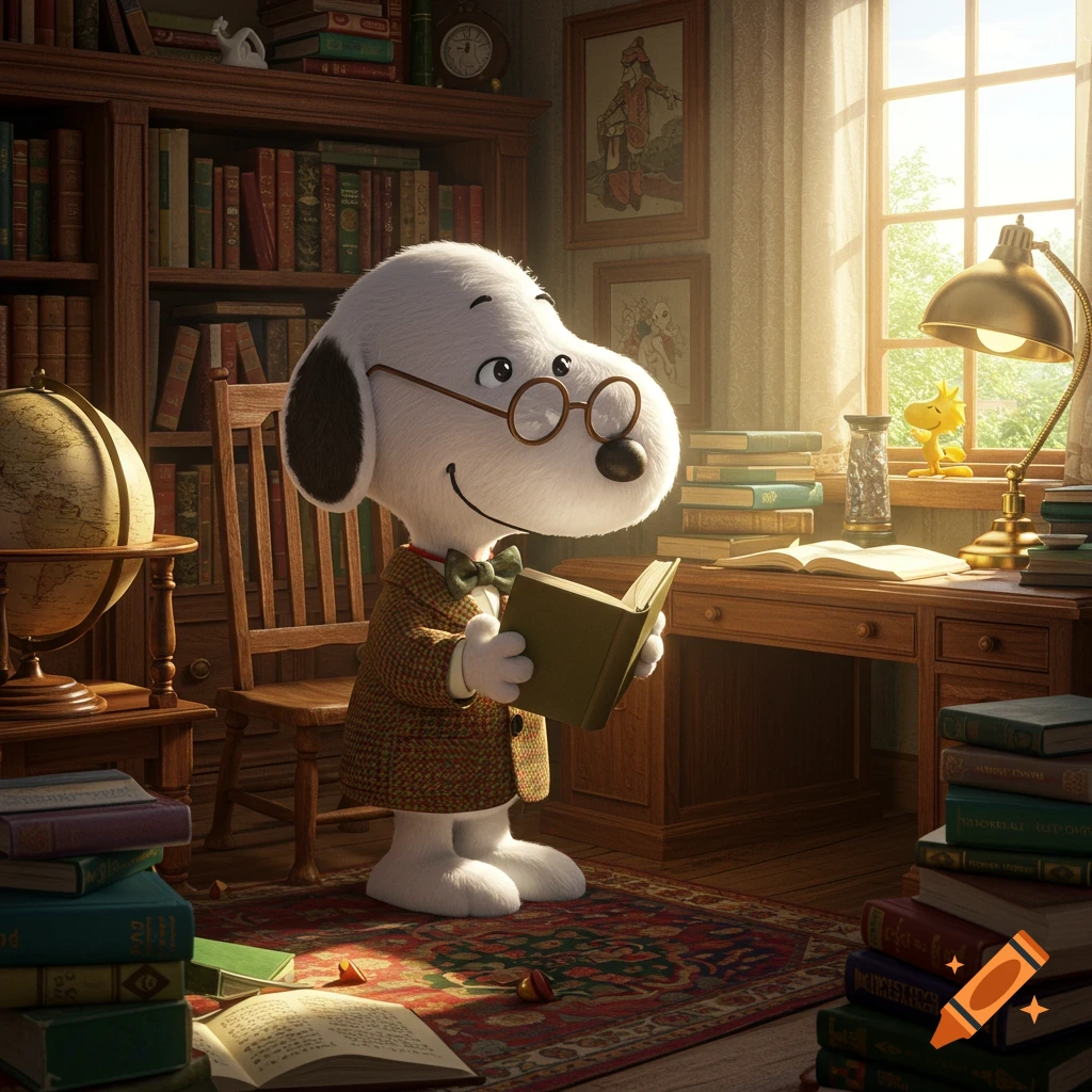 Snoopy, wearing glasses and a tweed jacket, reads a book in a sunlit library.