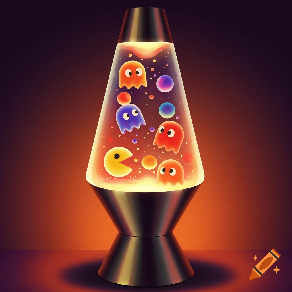 Digital illustration of a lava lamp containing floating Pac-Man and colorful ghost characters.