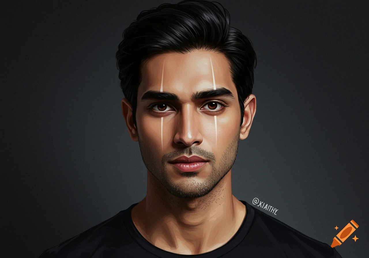 Realistic digital art portrait of a man with white lines on his face.