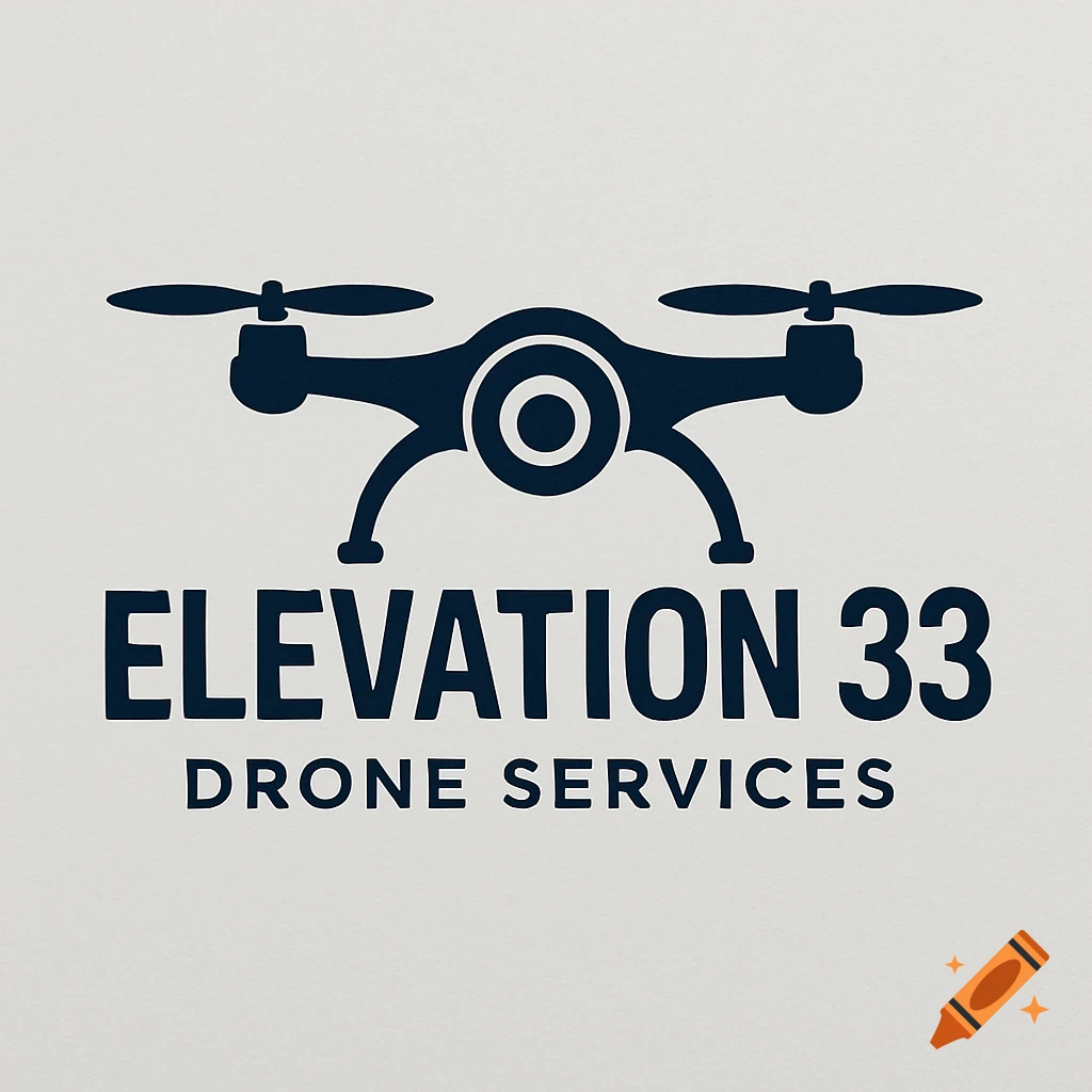 Dark blue logo with drone graphic and text "Elevation 33 Drone Services" on a light background.