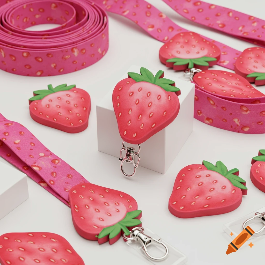 Close-up photo of pink lanyards with strawberry patterns and strawberry-shaped charms on a white surface.