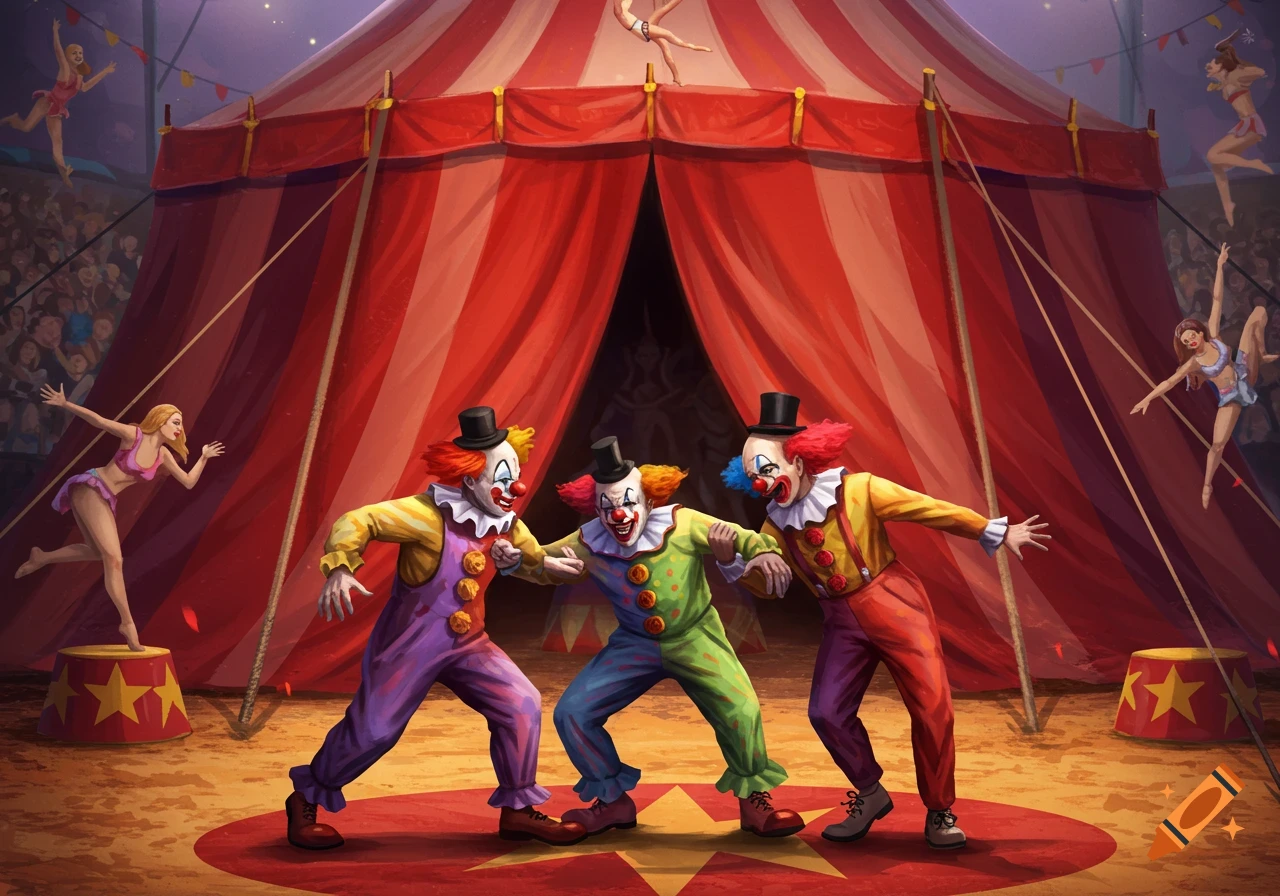 Three clowns in a circus ring perform while acrobats fly in the background near a large red and white tent.