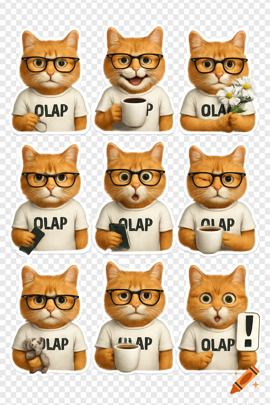 Nine orange cat stickers with glasses and shirts showing different emotions, holding items like coffee, flowers, and phones.