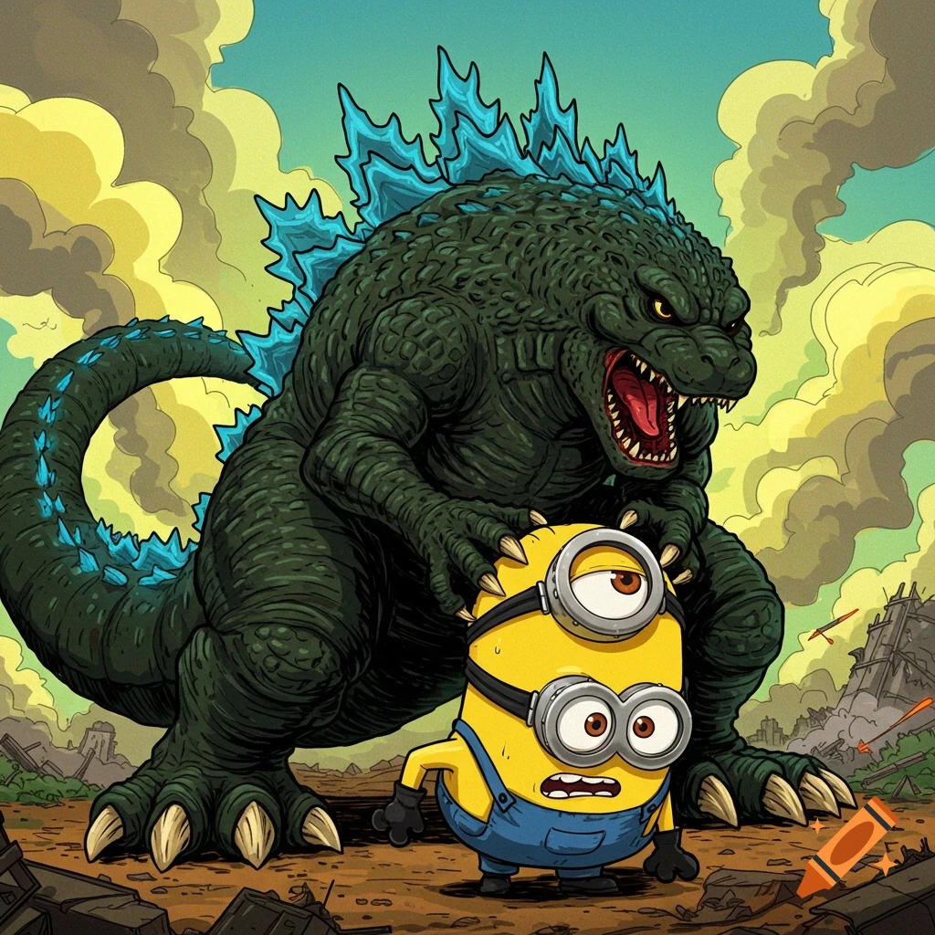 A large, roaring Godzilla monster towers over a small, scared Minion in a destroyed city landscape. Cartoon illustration style.