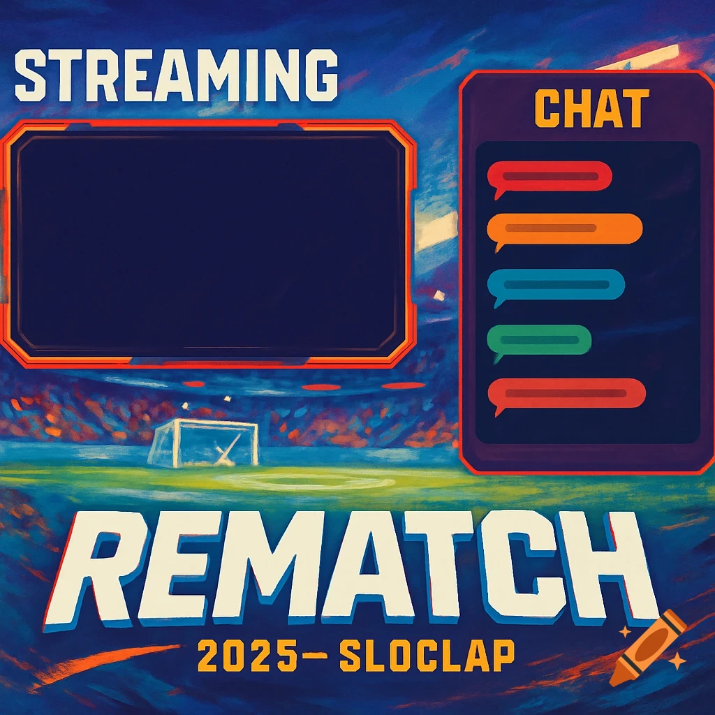 Streaming layout overlay with placeholders for video and chat, featuring text 'STREAMING', 'CHAT', 'REMATCH 2025 - SLOCLAP' over a stylized soccer stadium background.