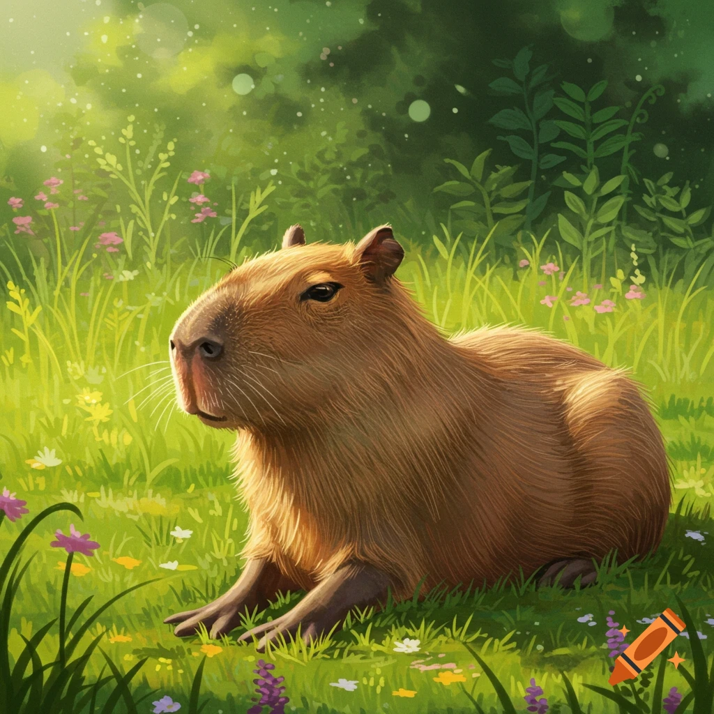 A capybara sits in a sunlit grassy field with wildflowers in an illustration.