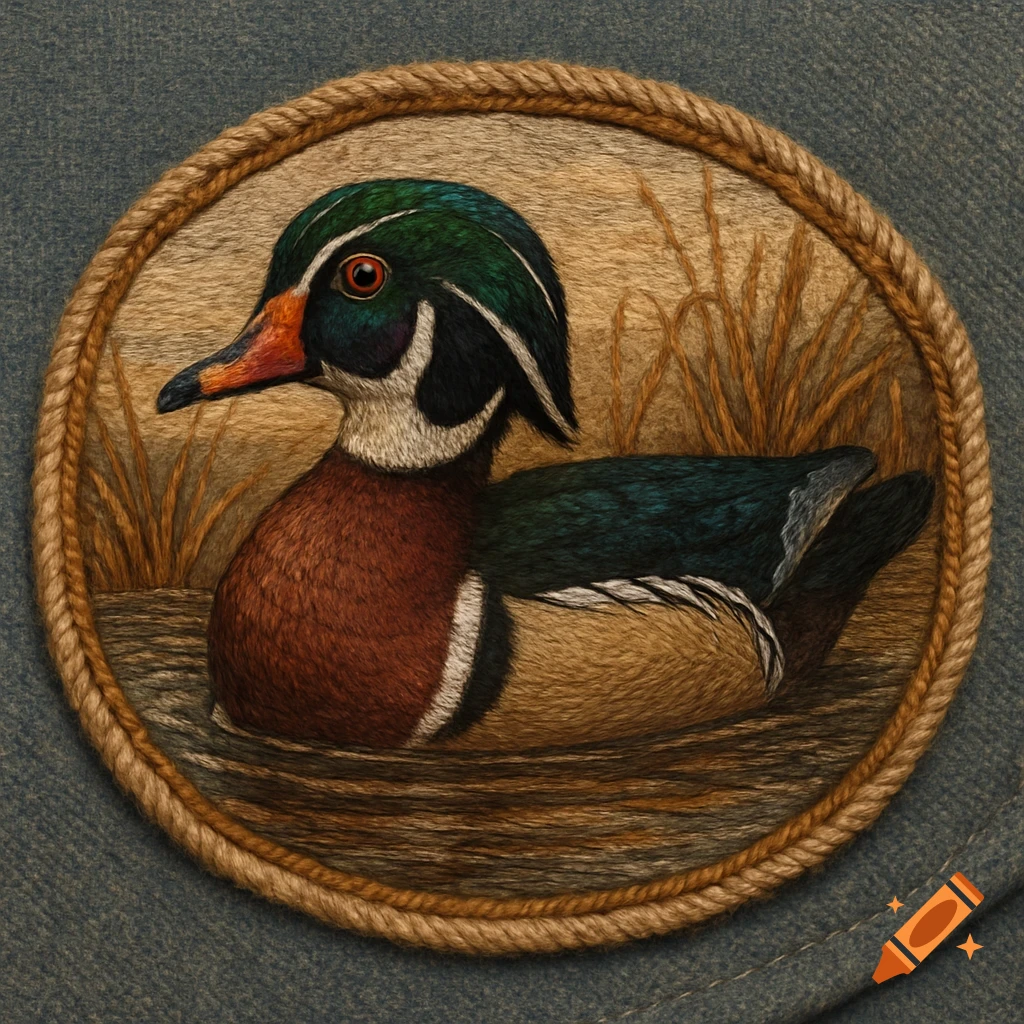 Embroidered circular patch featuring a detailed wood duck among reeds, framed by rope, on blue fabric.