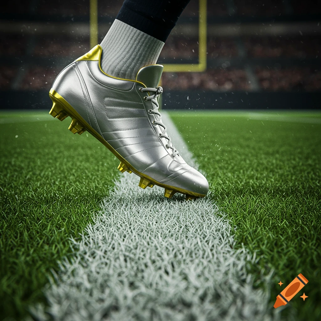 A silver football boot with gold accents hovers above a white field line on green grass.