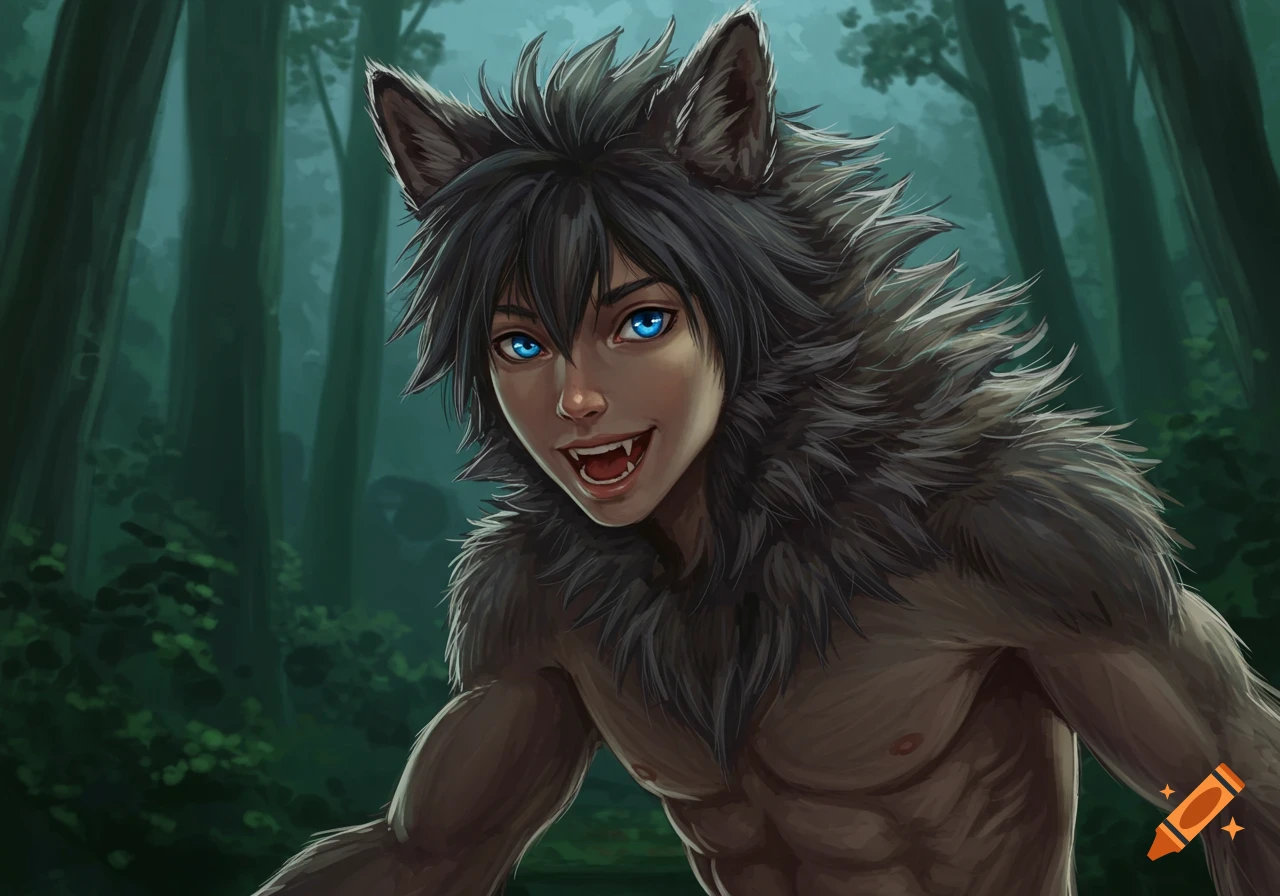 Anime drawing of a wolf boy with blue eyes in a forest