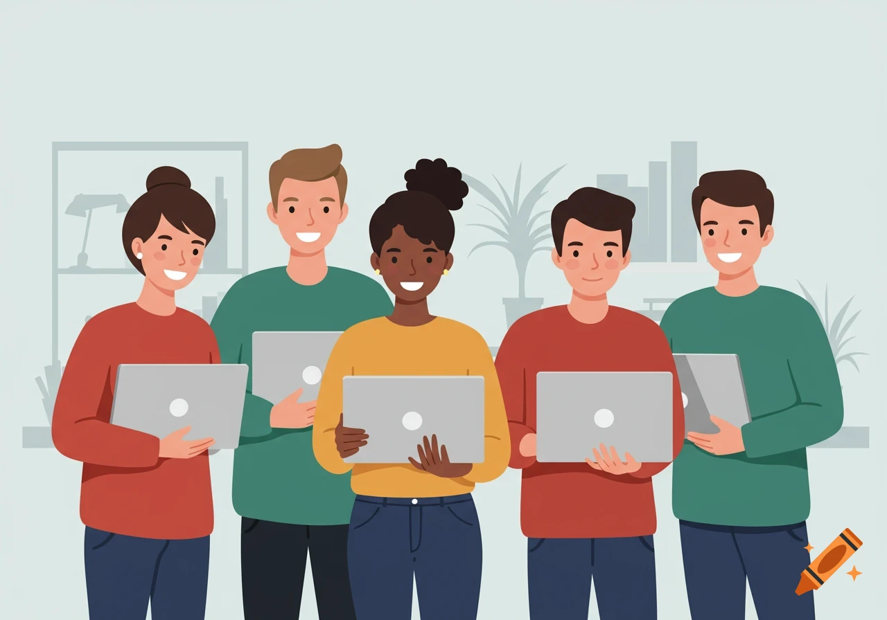 Flat illustration of diverse team smiling with laptops in modern office.