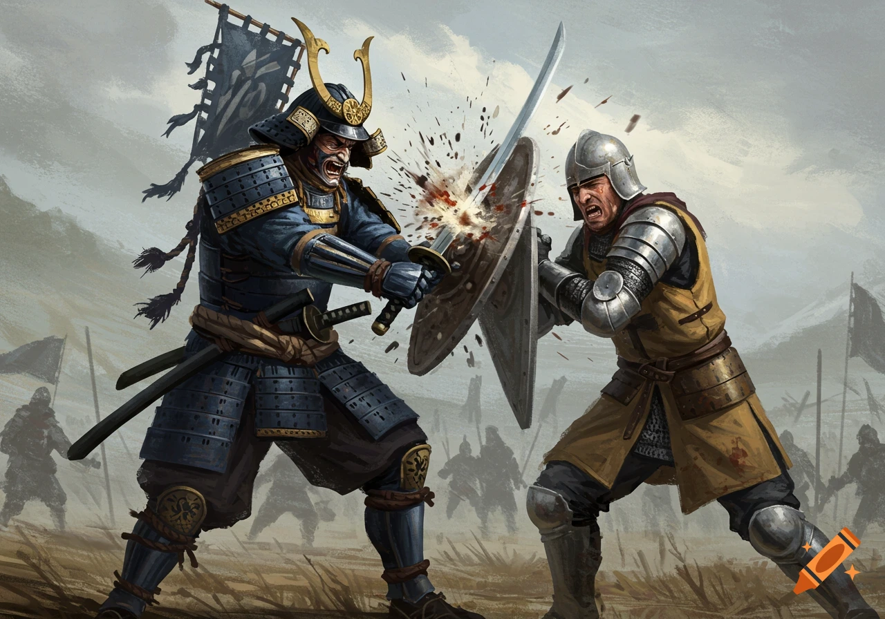 An armored samurai swings a katana at a knight during a battle.