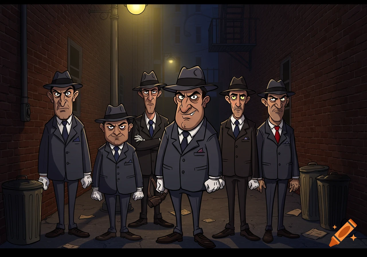 Six cartoon mafia men in suits and fedoras stand in a dark alley at night.