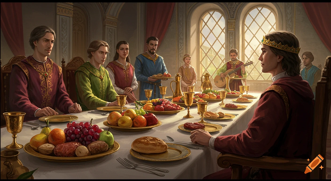 People in ornate robes feast at a long table laden with food and gold goblets in a royal palace.