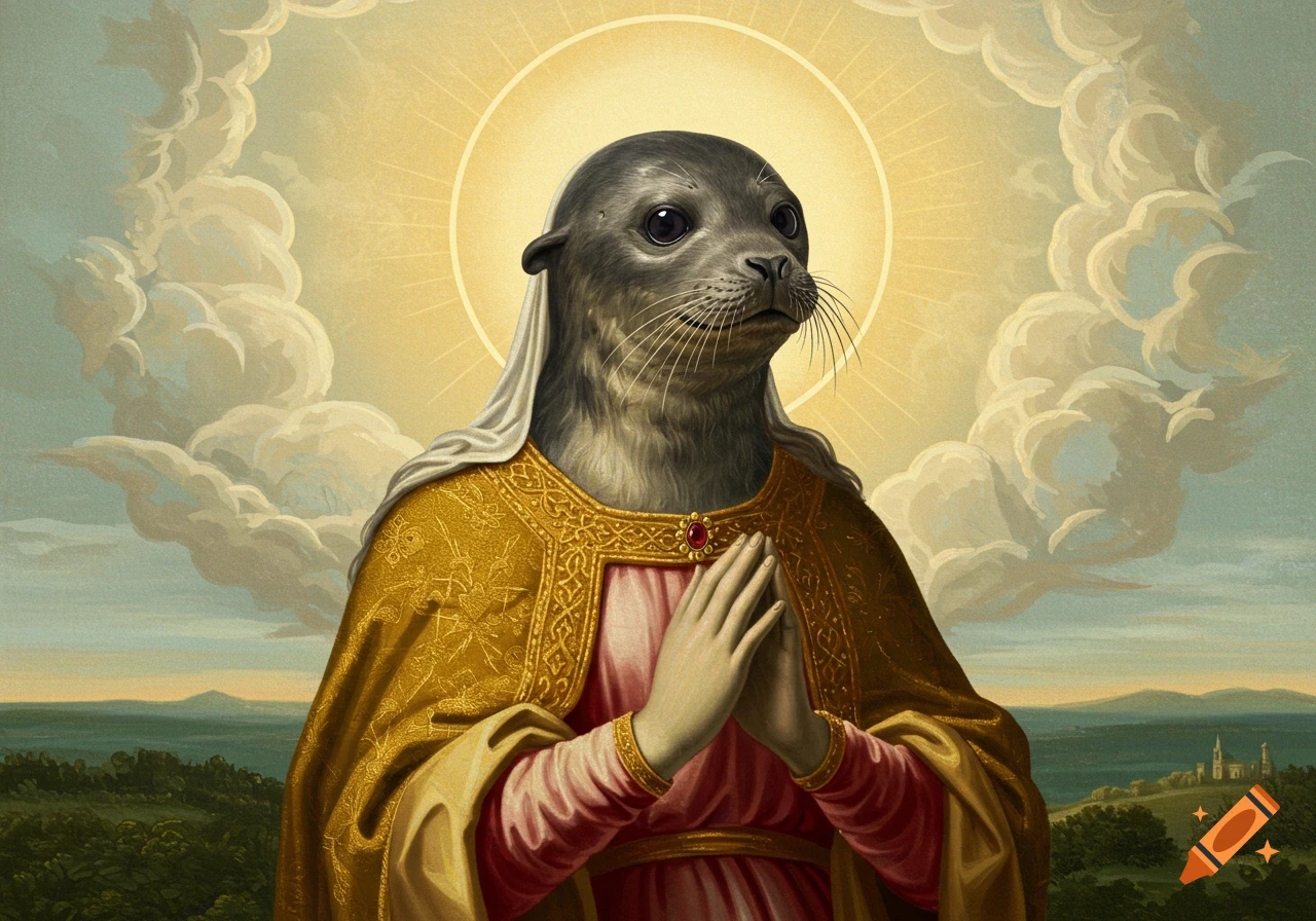 A seal's head is on the body of a female saint praying, in the style of a renaissance painting.