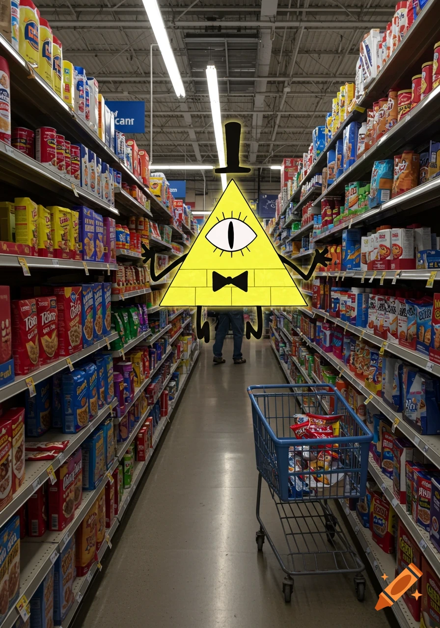 Bill Cipher standing in a grocery store aisle with a shopping cart