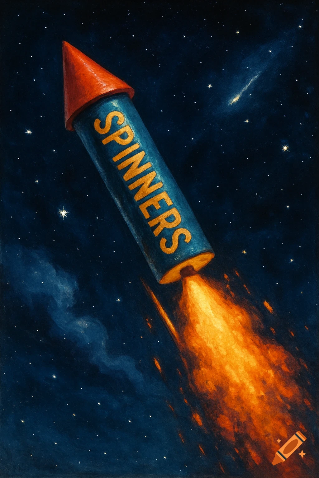 A bottle rocket with 'SPINNERS' written on it blasts off into a starry night sky
