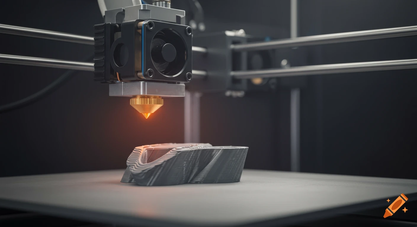 Close-up of a 3D printer nozzle extruding filament onto a build plate.