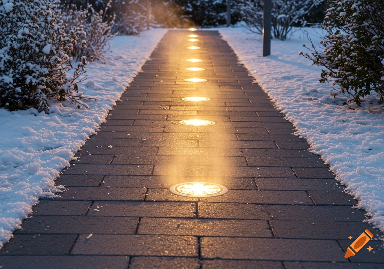 Snowy pathway with bright lights embedded in the ground