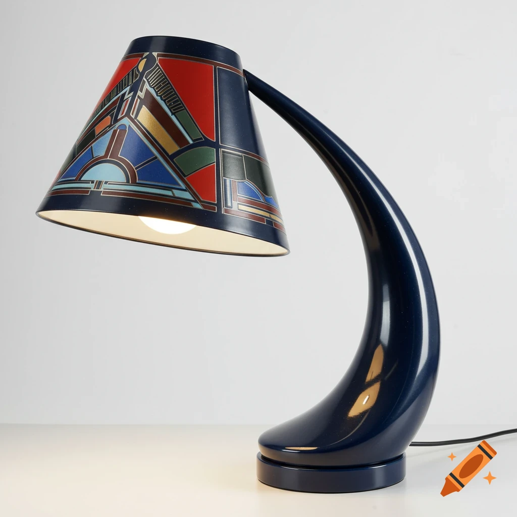 A photorealistic image of a blue curvilinear lamp with a geometric patterned shade on a white background.