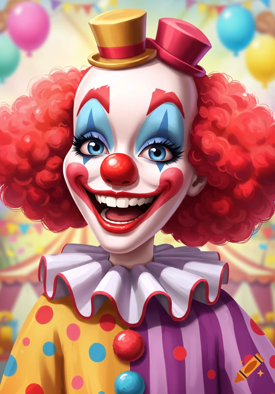 A colorful portrait of a smiling clown wearing a top hat and ruff collar in a circus tent setting with balloons.
