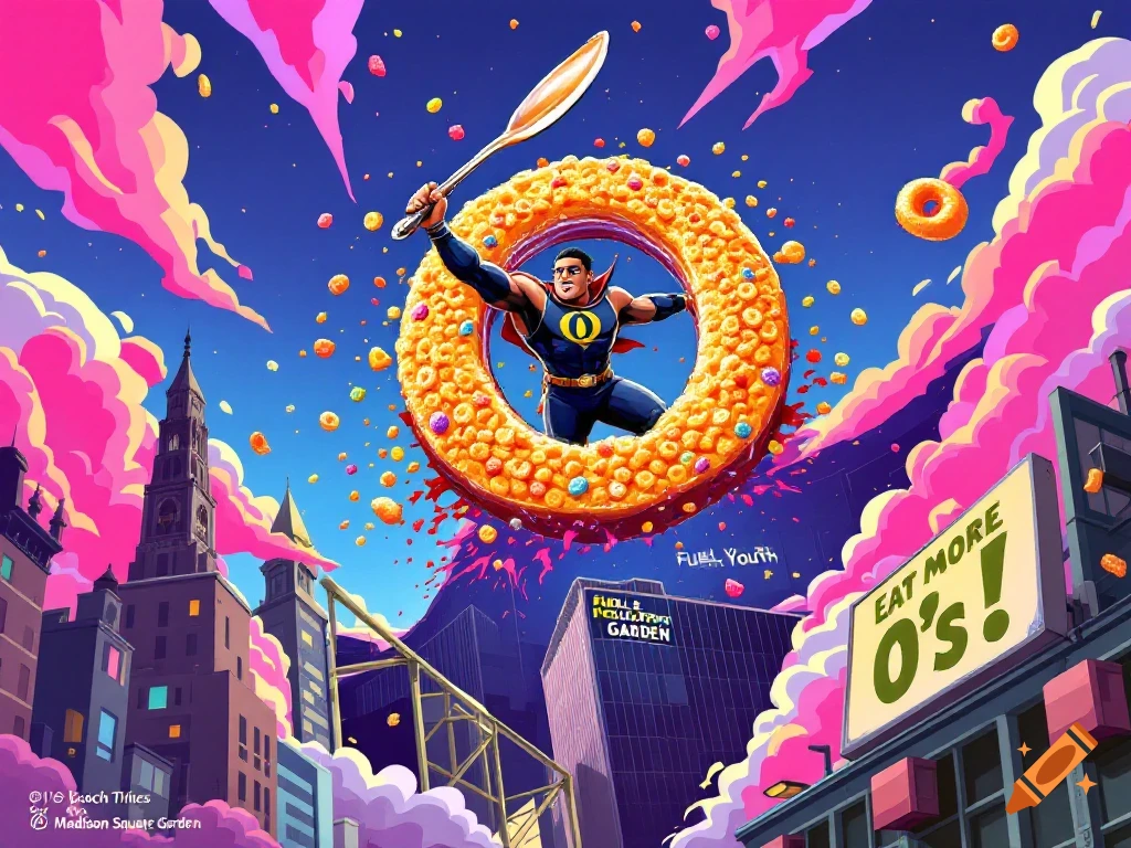 Vibrant comic art of a superhero flying through a giant cereal ring over a cityscape, holding a spoon like a sword.