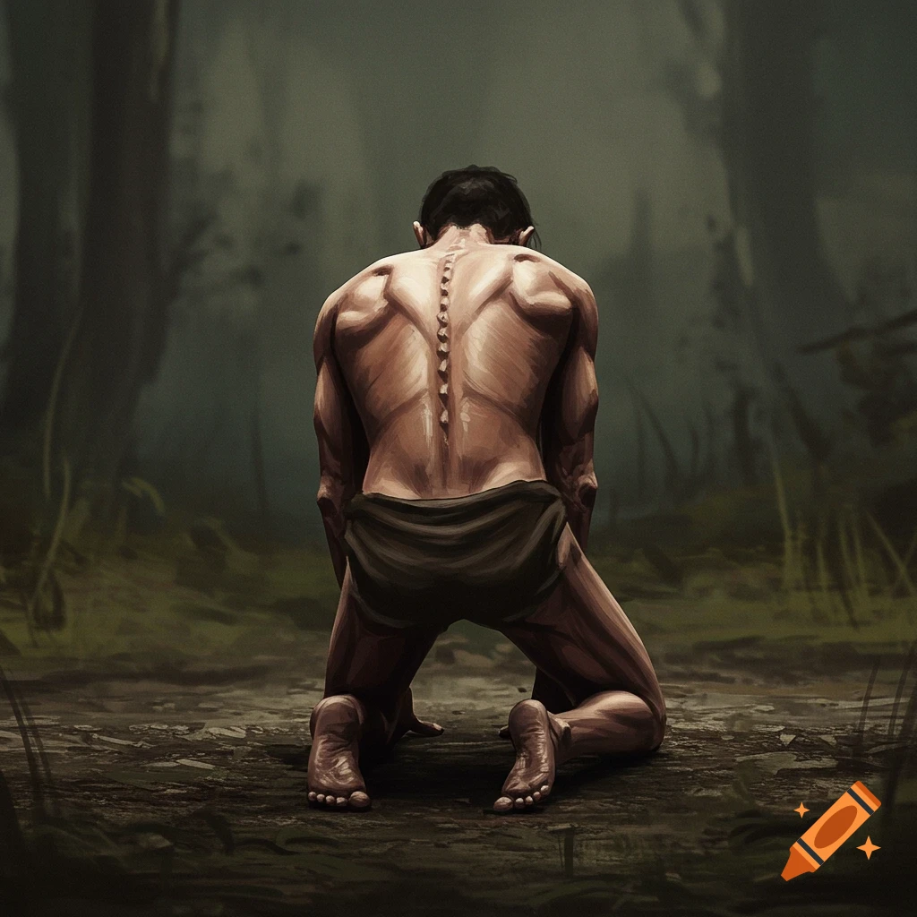 Digital painting of a gaunt figure kneeling from behind in a dark forest.