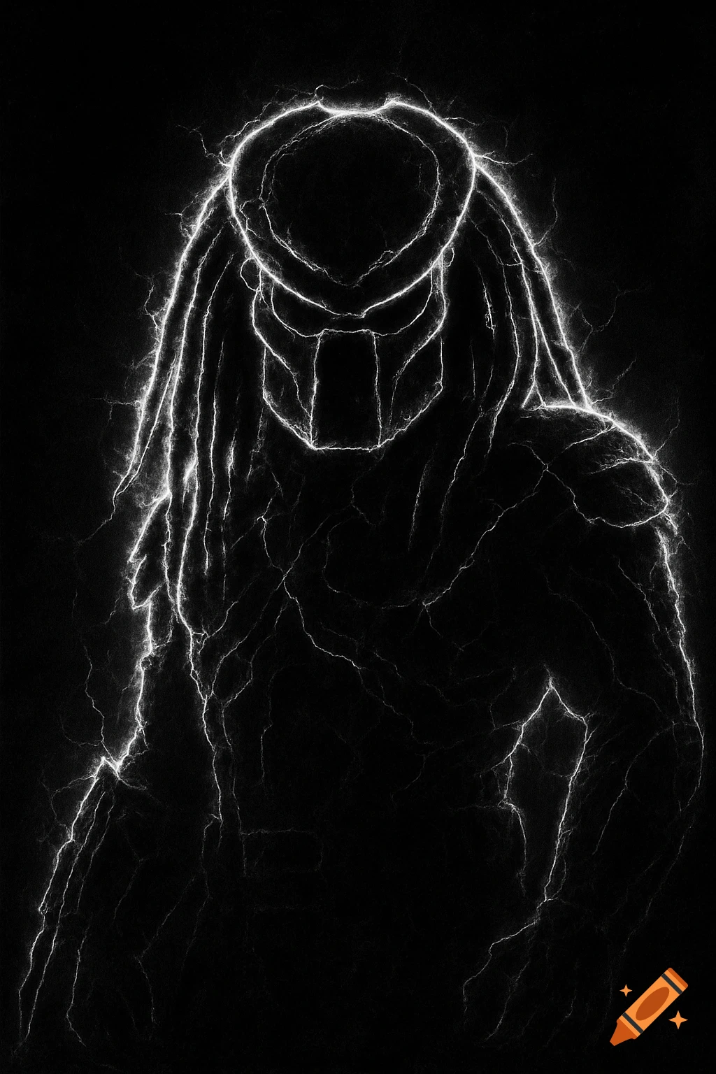 Black and white electric outline of a Predator figure.