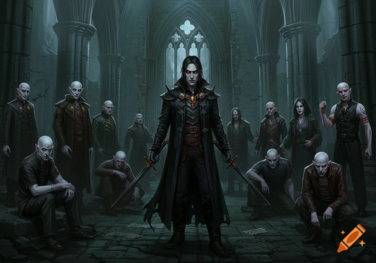 A group of vampires in a gothic ruin, led by a figure with swords.