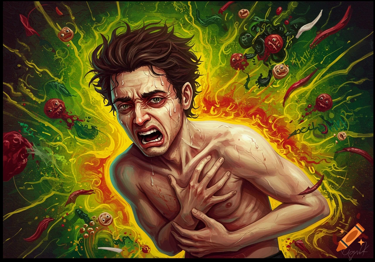 Illustration of a man in severe pain from food poisoning, clutching his chest amidst chaotic energy and stylized food elements.