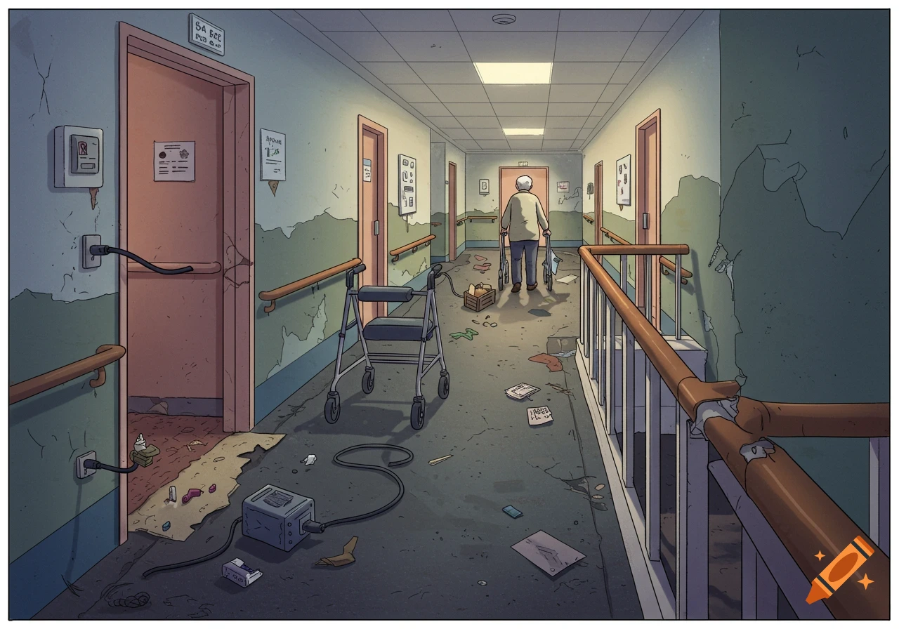 Illustration of an elderly man with a walker walking down a dilapidated aged care hallway with debris on the floor.
