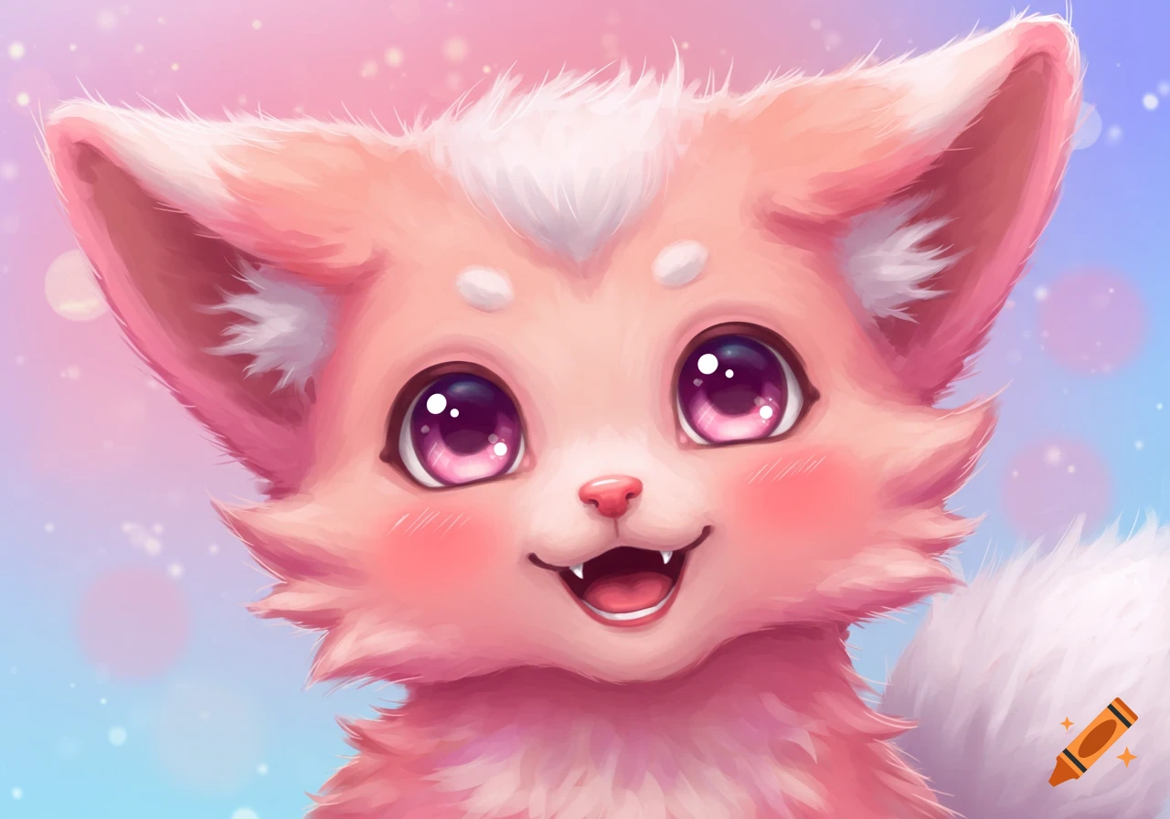 Close-up digital art of a cute pink fantasy creature with big purple eyes, smiling.