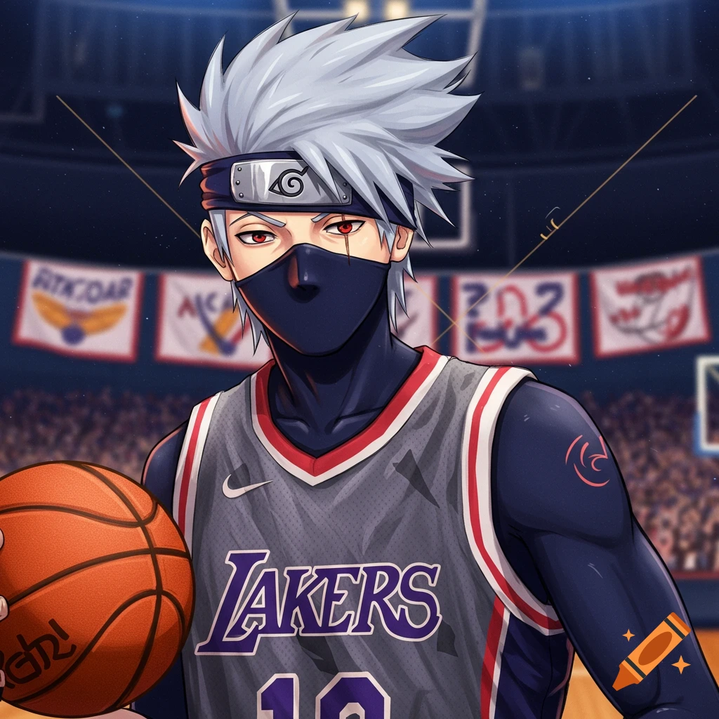 Anime character Kakashi Hatake from Naruto wearing a Lakers basketball jersey and holding a basketball in a stadium.