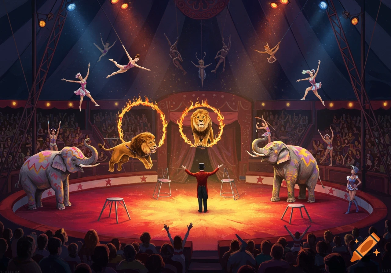 A circus performance under the big top with acrobats, lions, elephants, and a ringmaster.