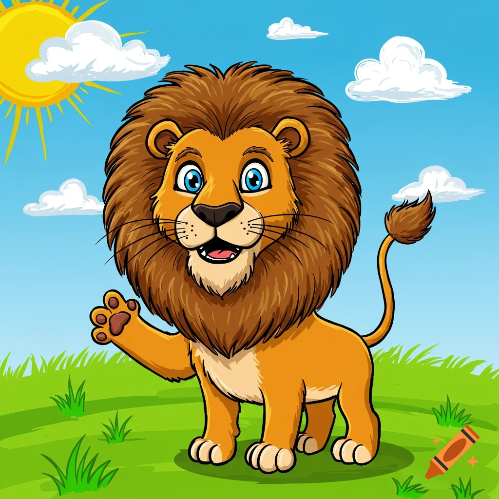 A cartoon lion waves a paw in a sunny field.