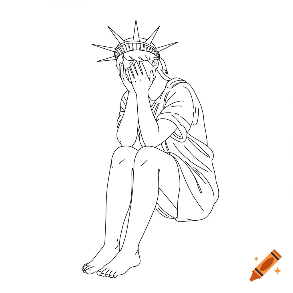 Line drawing of Statue of Liberty figure sitting, covering face and crying.