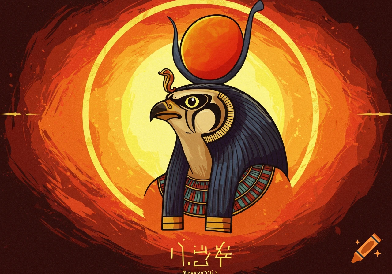 Illustration of an Egyptian hawk god with a sun disk against an orange background.