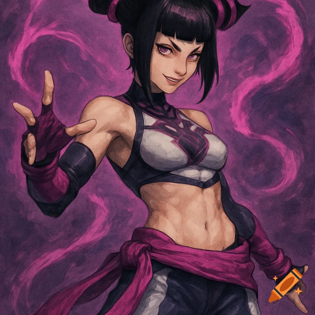 Street Fighter character Juri with purple energy effects in an anime art style.