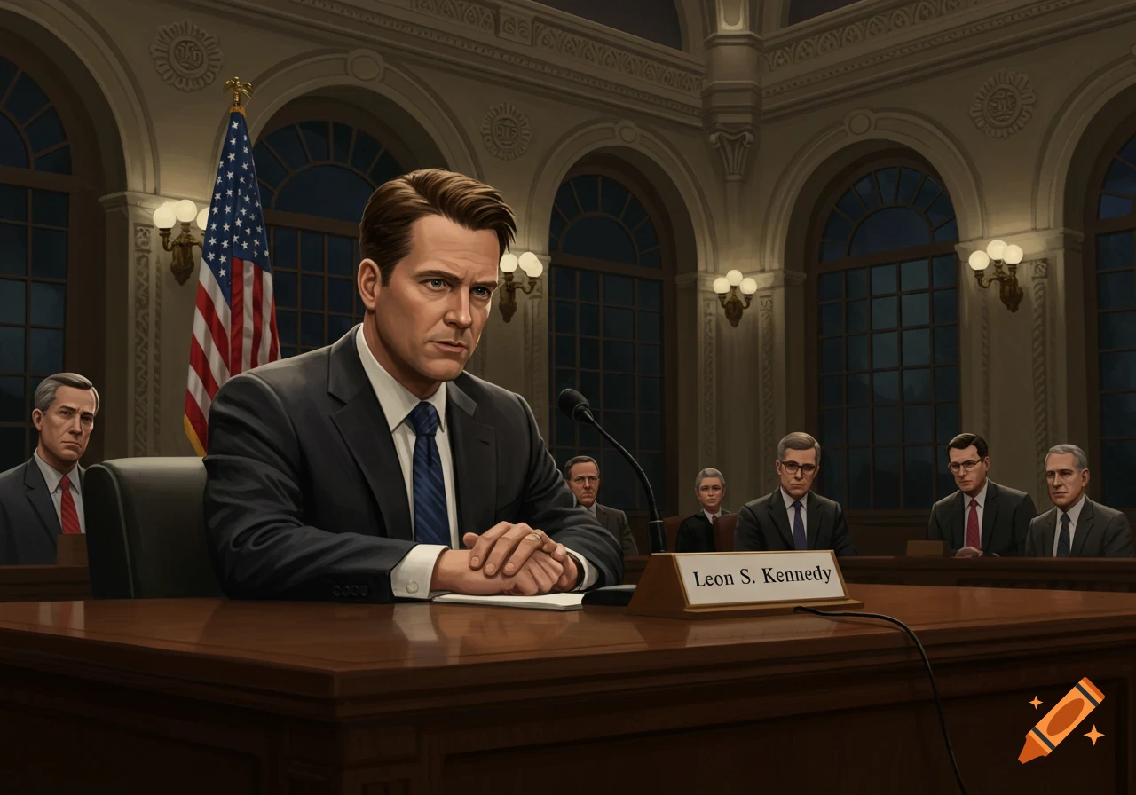 Leon Kennedy testifies at a formal hearing, sitting at a desk with a nameplate.