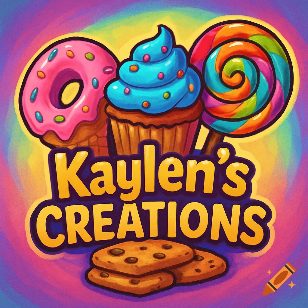 Cartoony donut, cupcake, lollipop, and cookies with the text "Kaylen's CREATIONS".