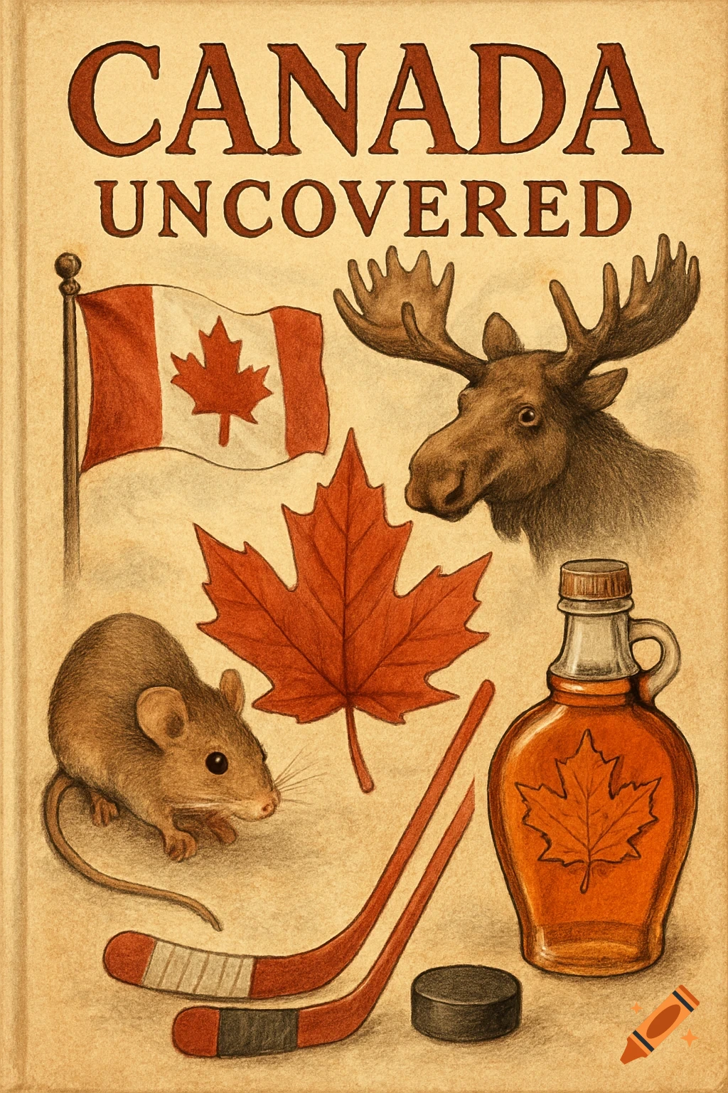 Illustration of Canadian symbols: flag, moose, mouse, maple leaf, hockey sticks, puck, and maple syrup bottle.