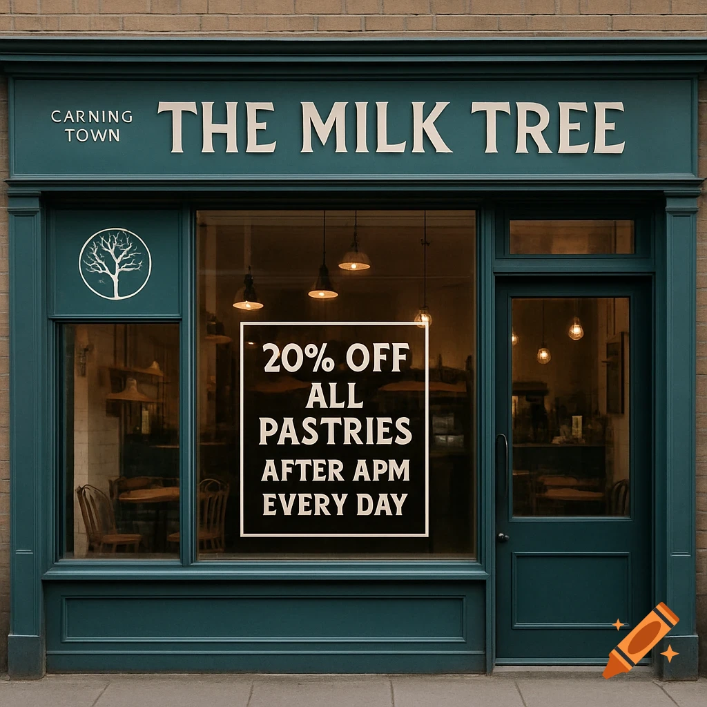 A storefront of a cafe called The Milk Tree in Carning Town, advertising 20% off all pastries after 4pm.