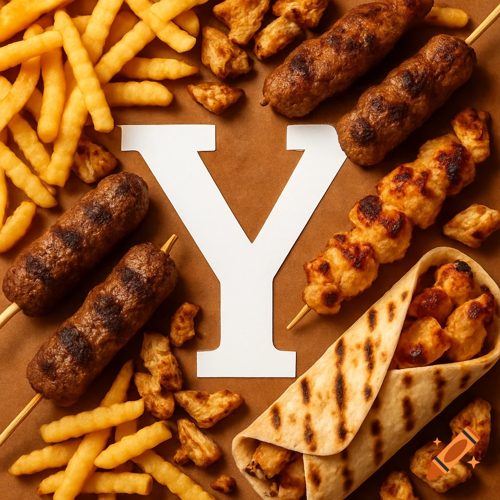 A large white letter Y is surrounded by french fries, kebabs, shawarma meat, and a wrap on a brown background.
