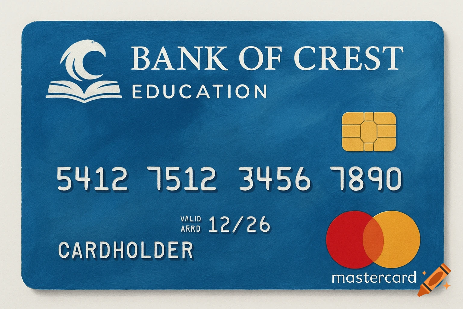 Blue credit card with BANK OF CREST EDUCATION logo, numbers, CARDHOLDER, Mastercard logo and chip.