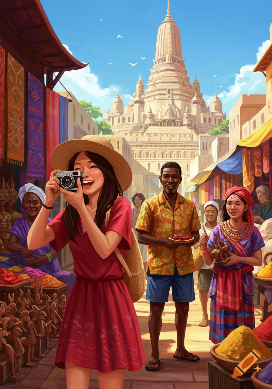 A woman takes a photo in a busy marketplace with vibrant goods and people, with a large temple in the background. Illustrated style.