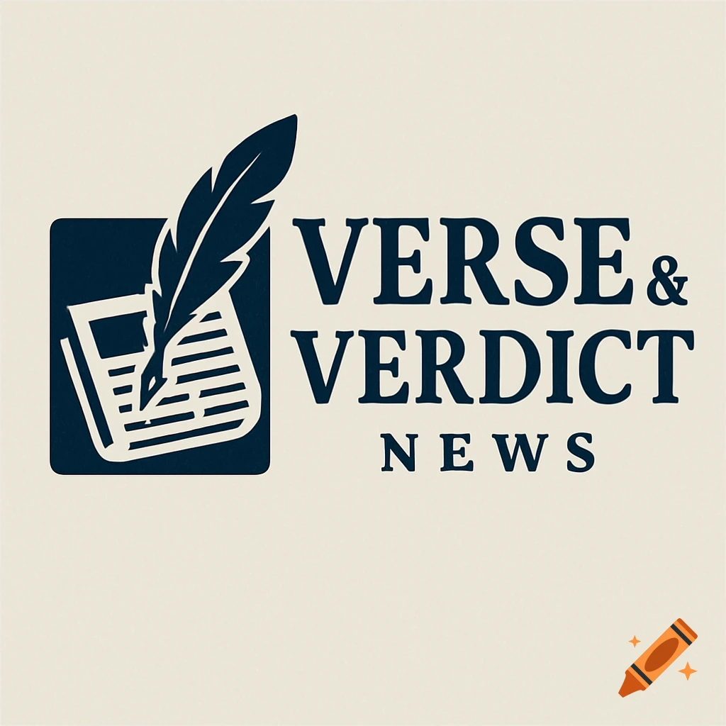 A logo with a quill writing on a newspaper icon next to the words "VERSE & VERDICT NEWS".
