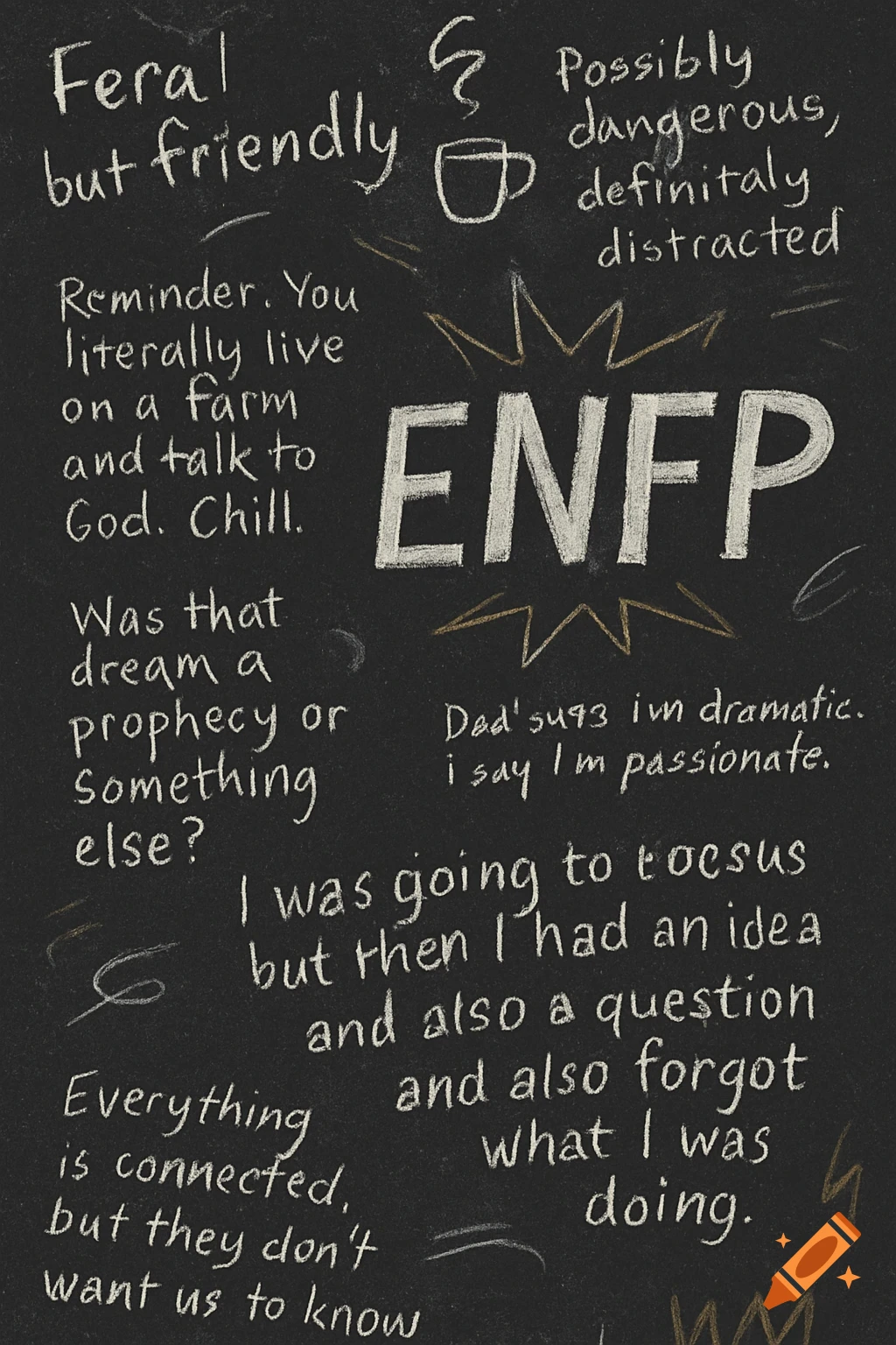 Chalkboard background filled with various handwritten quotes and doodles in white and gold.