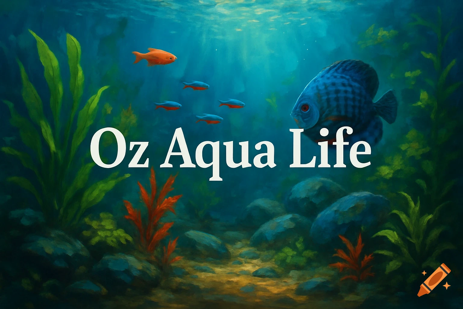 Painterly underwater scene with fish, plants, and the text 'Oz Aqua Life'.