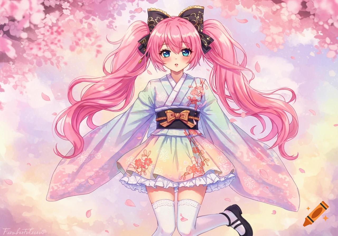 Anime girl with pink pigtails in a kimono and skirt surrounded by cherry blossoms.
