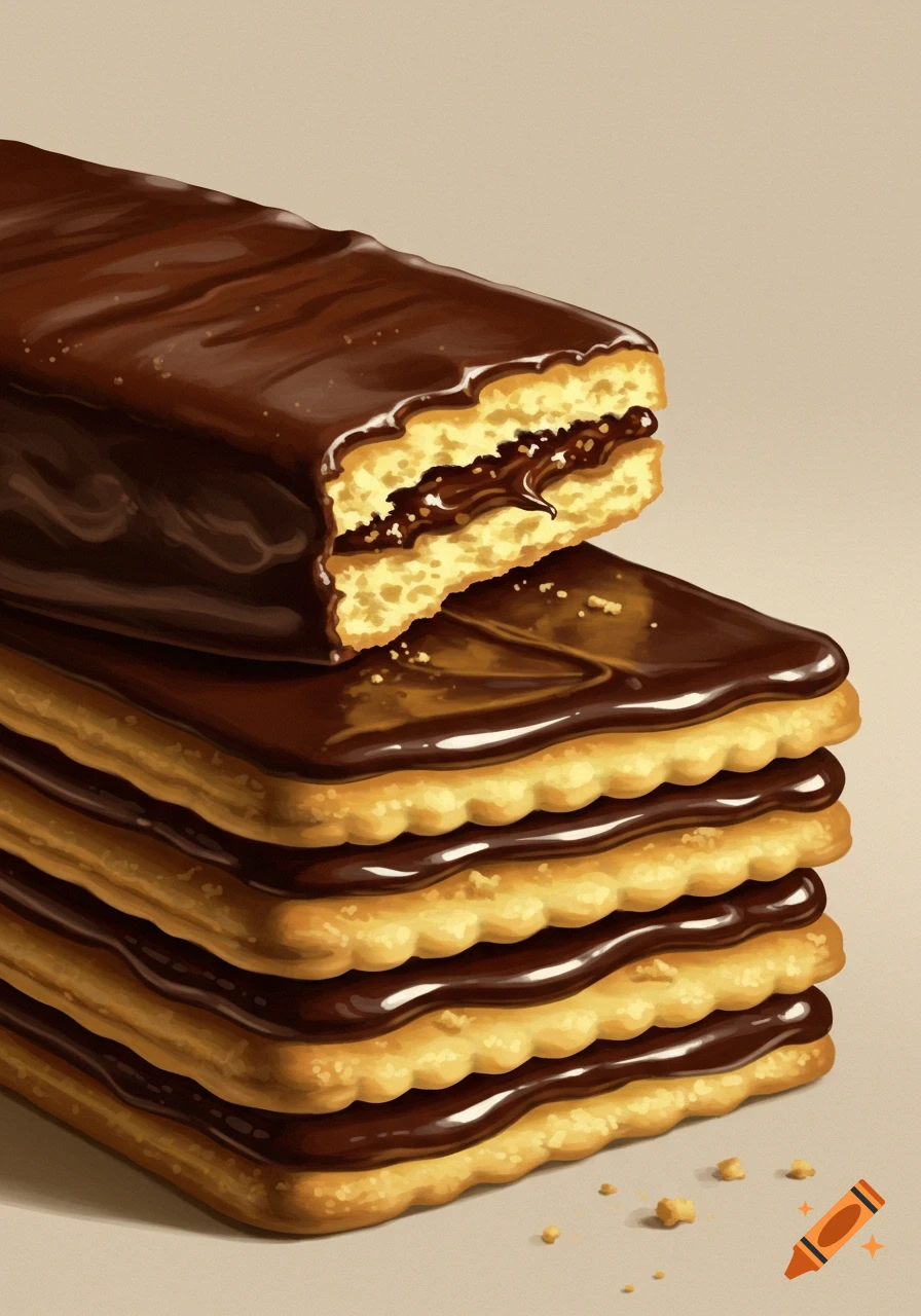 Illustrative rendering of a stack of chocolate-covered biscuits with one broken on top showing the chocolate filling.