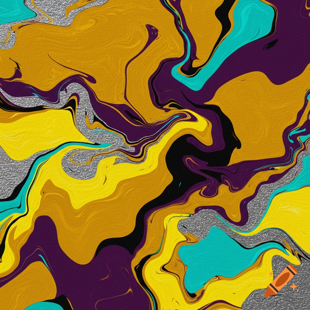 Abstract swirling pattern in mustard yellow, purple, black, turquoise, and textured silver.